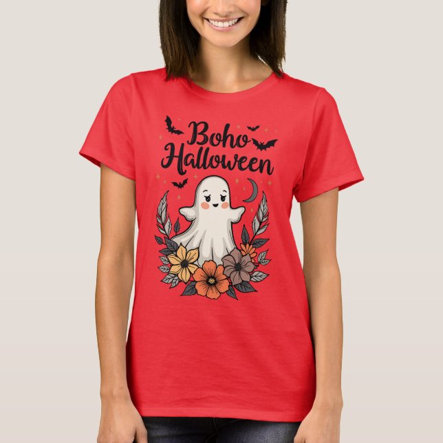 Boho Halloween Cute Ghost T Shirt (Framsida)