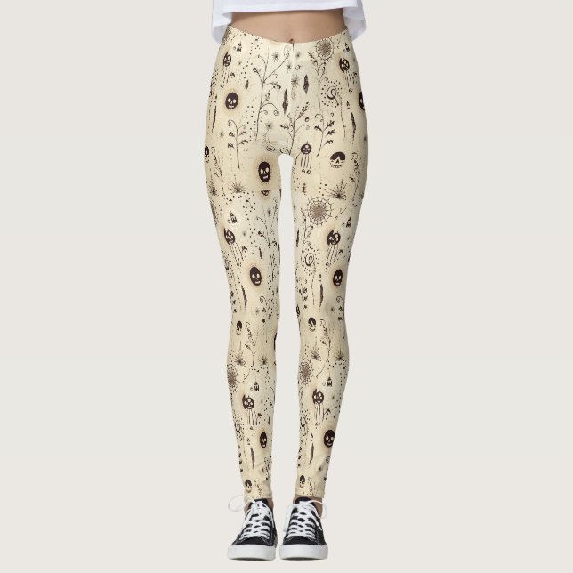 Boho Halloween Masks & Botanical Swirls Mönster Leggings (Framsida)