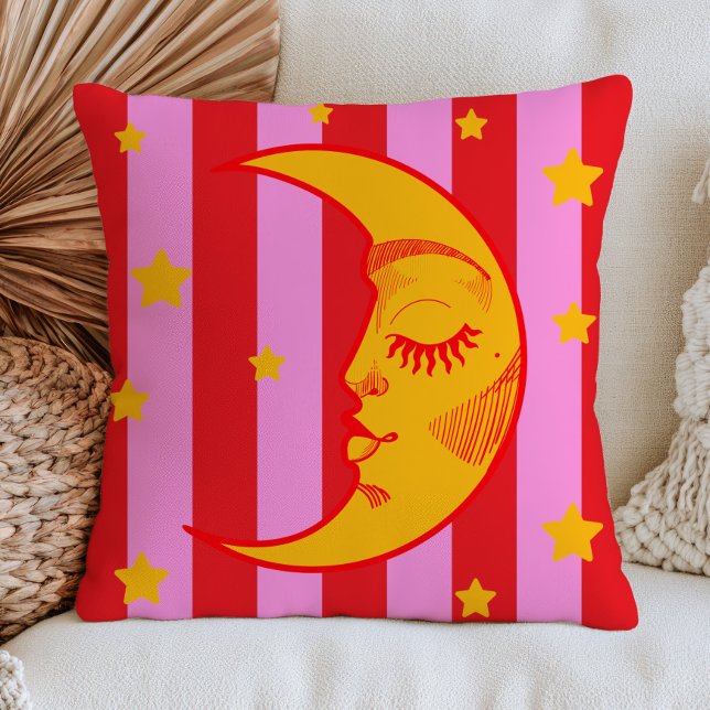 BOHO Halvmåne Ansikte Röd & Rosa Randig  Kudde (Skapare uppladdad)