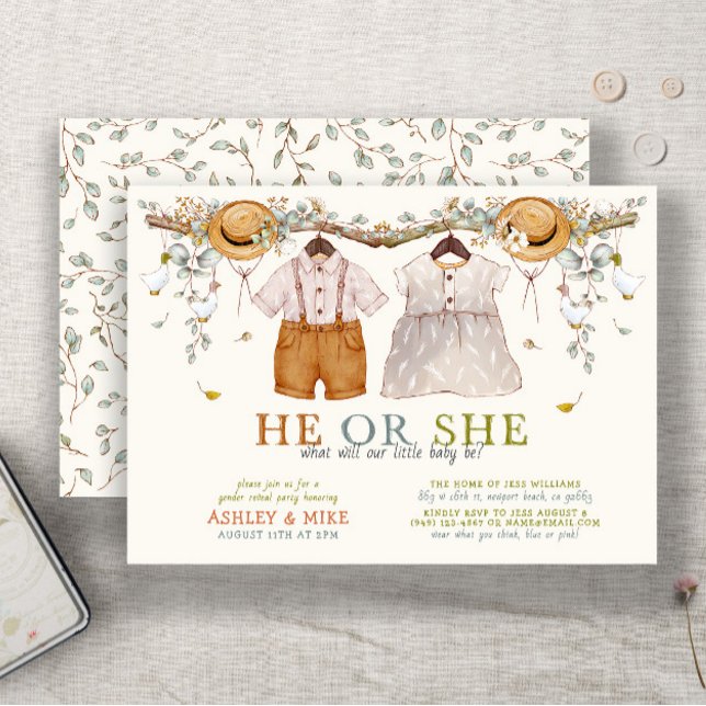 Boho Han eller hon Clothing Neutralt Gender Reveal Inbjudningar (Easily personalize this sweet gender neutral boho gender reveal invitation for the perfect invite)