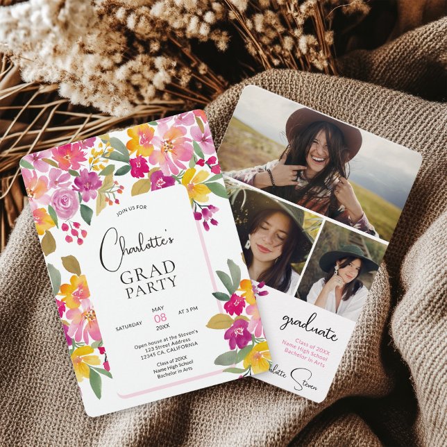 Boho Hand-Pavisserligen-Boho Blommigt 3-Photo Stud Inbjudningar (Boho Hand-Painted Boho Floral 3-Photo Graduation Invitation)