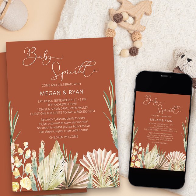 Boho Handflatan Foliage Terracotta Rustic Baby Spr Inbjudningar (Neutral and earthy boho baby sprinkle invitation with dried palms flowers and grass)