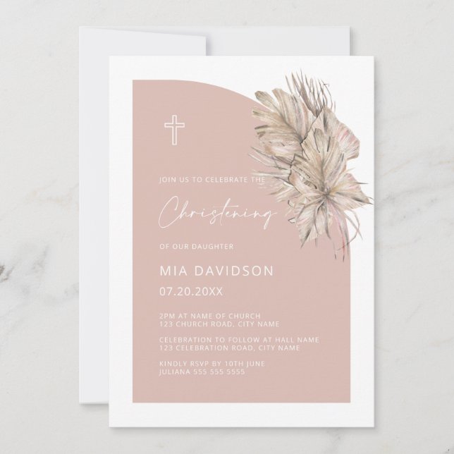  Boho Handflatan halv Arch  Rosa Girl Christening  Inbjudningar (Framsida)