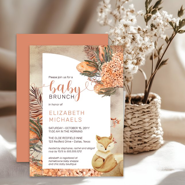 Boho Handflatan Lämnar Hydrangeas Girl Baby Brunch Inbjudningar (Boho Palm Leaves and Hydrangeas Sleeping Fox Girl Baby Brunch Shower Invitation - Print | Digital)