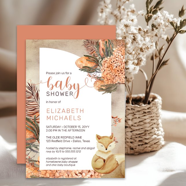 Boho Handflatan Lämnar Hydrangeas Girl Baby Shower Inbjudningar (Boho Palm Leaves Hydrangeas Sleeping Fox Girl Baby Shower Invitation - Print | Digital Download)