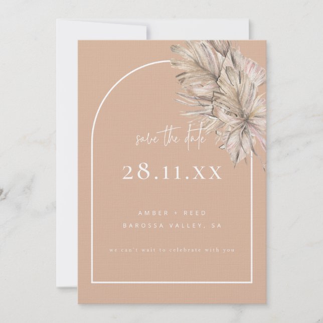 Boho Handflatan Löv Blommigt  Rosa Modern Arch Spara Datumet (Framsida)