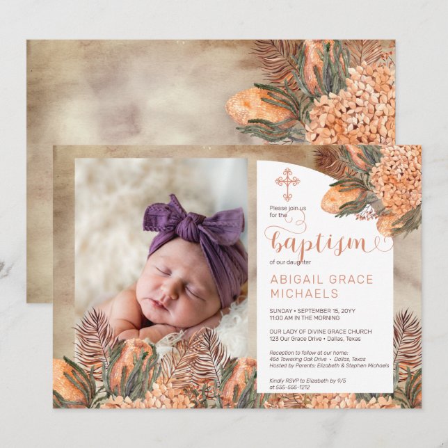 Boho Handflatan Löv Hydrangeas Girl Photo Baptism  Inbjudningar (Fram/baksida)