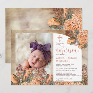 Boho Handflatan Löv Hydrangeas Girl Photo Baptism Inbjudningar