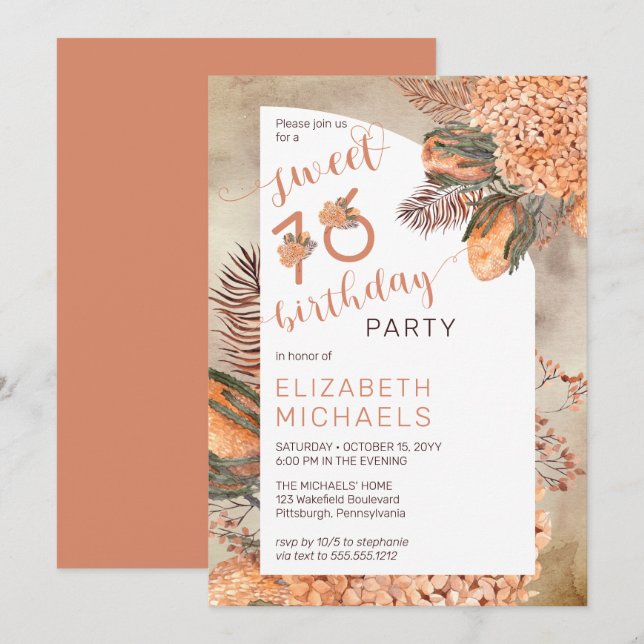 Boho Handflatan Lövs Hydrangea Sweet 16 Födelsedag Inbjudningar (Fram/baksida)