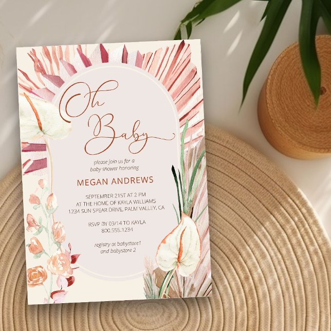 Boho Handflatan Oh Baby, torkad flytande rustic Ba Inbjudningar (Neutral Baby Shower Invitation with boho palm leaves)