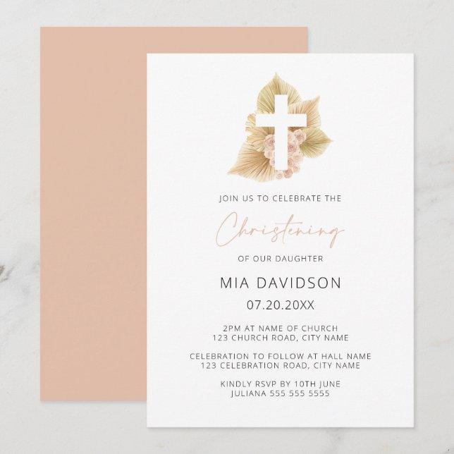 Boho Handflatan Ro  Rosa Blommigt Kor Christening Inbjudningar (Fram/baksida)