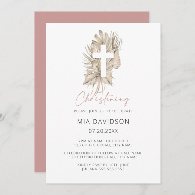 Boho Handflatan Rosa Watercolor Blommigt Kor Chris Inbjudningar (Fram/baksida)