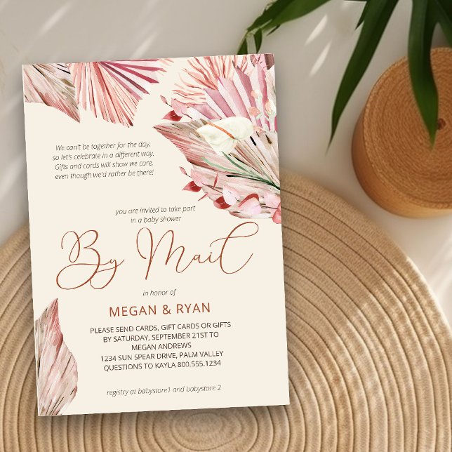 Boho Handflatan Rustic, torkat småbarn med post Inbjudningar (Baby Shower by Mail Invitation with boho palm leaves)