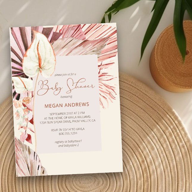 Boho Handflatan torkad Neutralt för flytande  Baby Inbjudningar (Neutral Baby Shower Invitation with boho palm leaves)