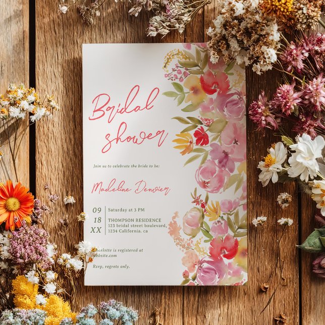Boho handmålad blommigt möhippa för vattenfärg inbjudningar (Boho hand painted floral Watercolor bridal shower Invitation)