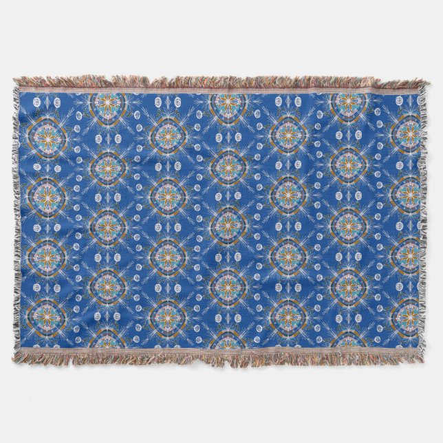 Boho Handritad Mandala Blå Senap Färgrik Filt (Framsidan)
