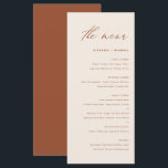 Boho Handskriftlig Calligraphy Terracotta Bröllop Meny<br><div class="desc">Lägg till en accent för eleganten i händelsetabellen som läcker ut med det här menykortet för anpassadet. Den har ett visuellt skript och en enkel typografi. Anpassa det här menykortet genom att lägga till egna detaljer. Detta terracotta och vita menykort är perfekt för bröllop, möhippor, babyduschar och så mycket mer....</div>