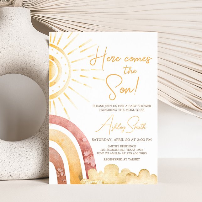 Boho här kommer hit med barnskåran inbjudningar (Sonshine Baby Shower Invitation)