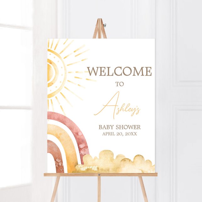 Boho här kommer hit och hälsningen välkomnas av ba poster (Sonshine Baby Shower Welcome Sign)