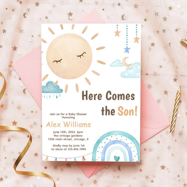 Boho här kommer hit, Son Sunshine Baby Shower Boy Inbjudningar (Skapare uppladdad)