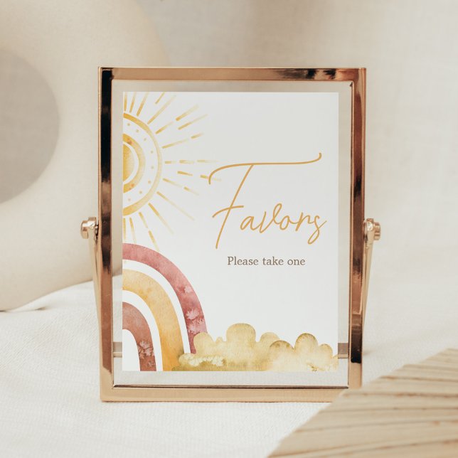 Boho här kommer med favoriterna för babybabyskor poster (Sonshine Baby Shower Favors Sign)