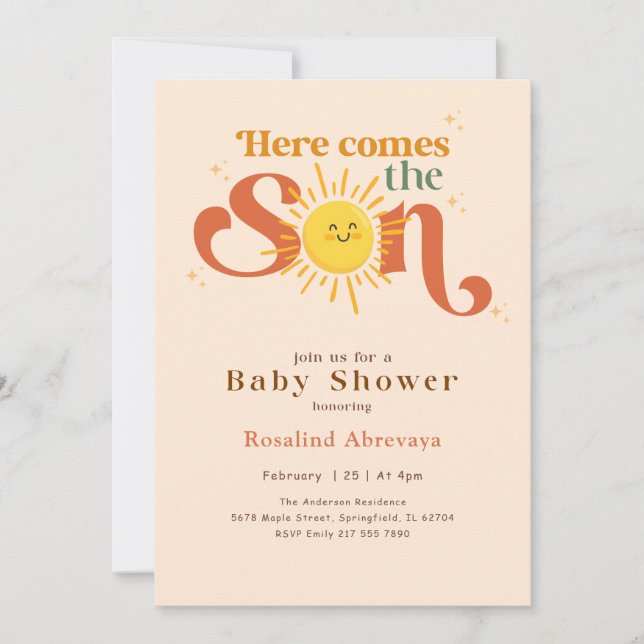 Boho Här kommer sonen Retro Baby Shower Inbjudningar (Framsida)