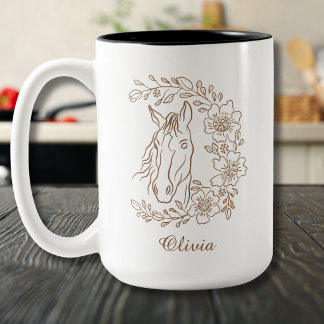 Boho-häst Blommig Linjekonst med Namn Två-Tonad Mugg