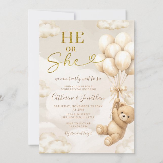 Boho He Or She Beige Balloons Bear Gender Reveal Inbjudningar (Framsida)