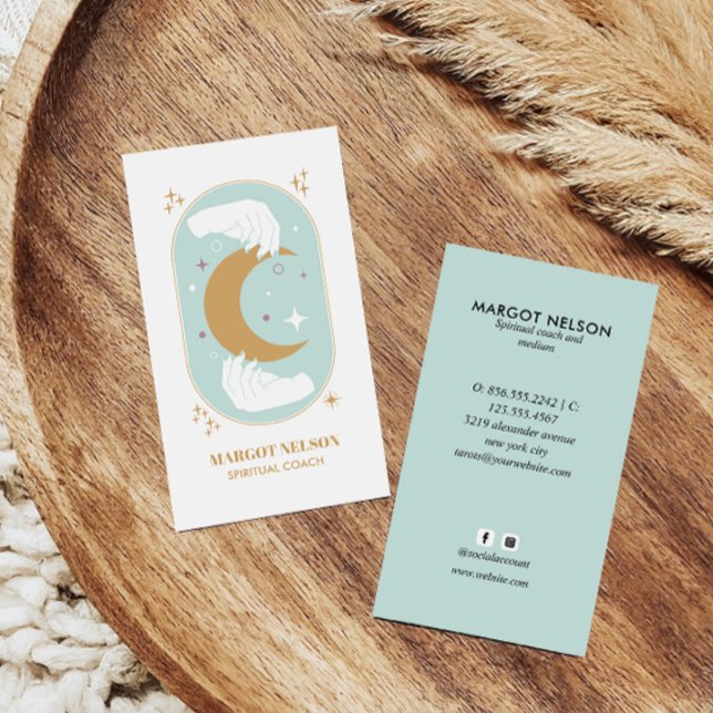 Boho Healing Hand Celestial Måne Tarot AQUA Visitkort (Skapare uppladdad)