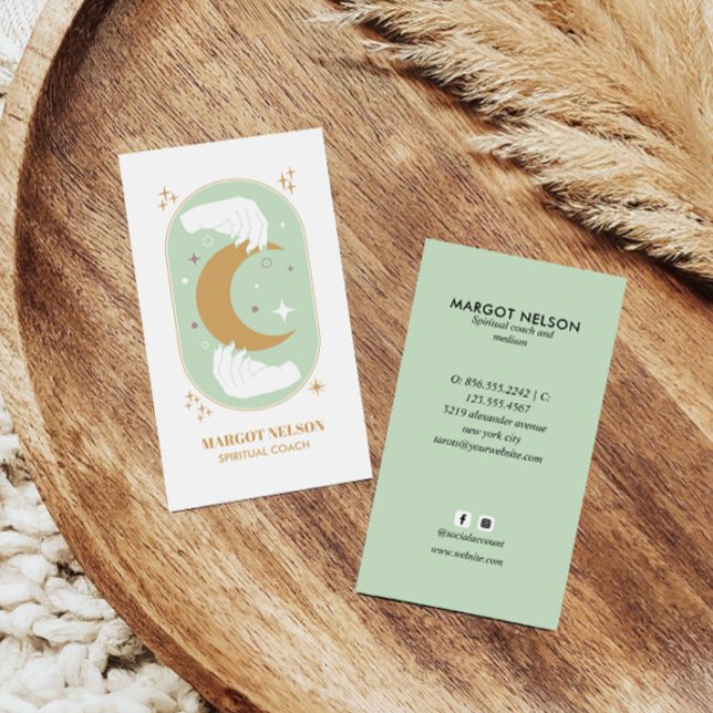 Boho Healing Hand Celestial Måne Tarot GRÖNT Visitkort (Skapare uppladdad)