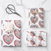 Boho Hearts & Bird Wrapping Papper set av 3