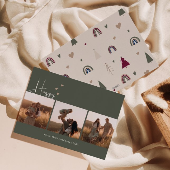 Boho Hearts Lycklig Grönt Tre fotojul Julkort (Skapare uppladdad)