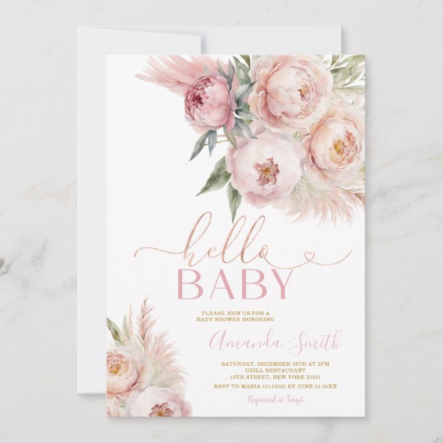 Boho Hej Baby Rosa ros Blommigt  Girl Baby Shower Inbjudningar (Framsida)