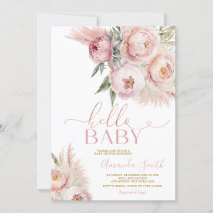 Boho Hej Baby Rosa ros Blommigt Girl Baby Shower Inbjudningar