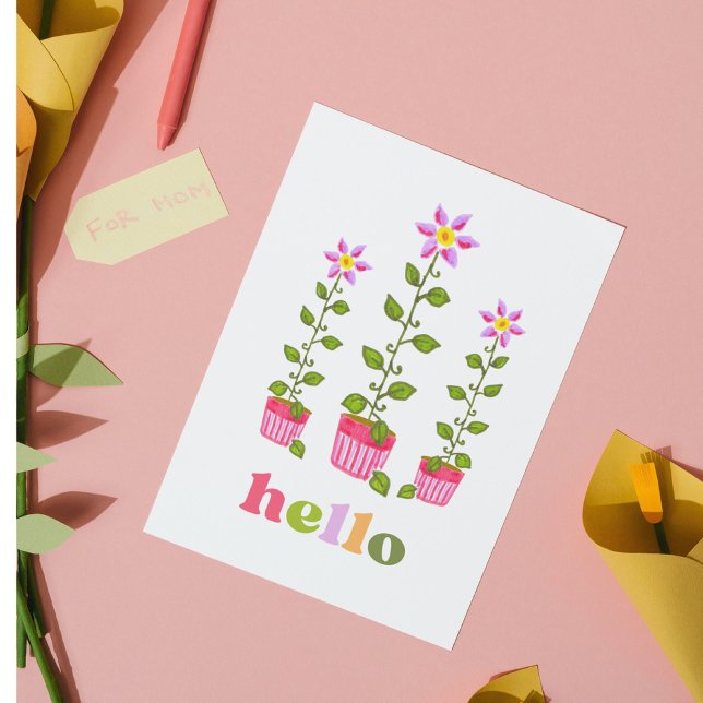 Boho Hej Hand Drawn Blommigt Thinking of You Anteckningskort (These boho pink and purple flowers make it easy to stay in touch!)