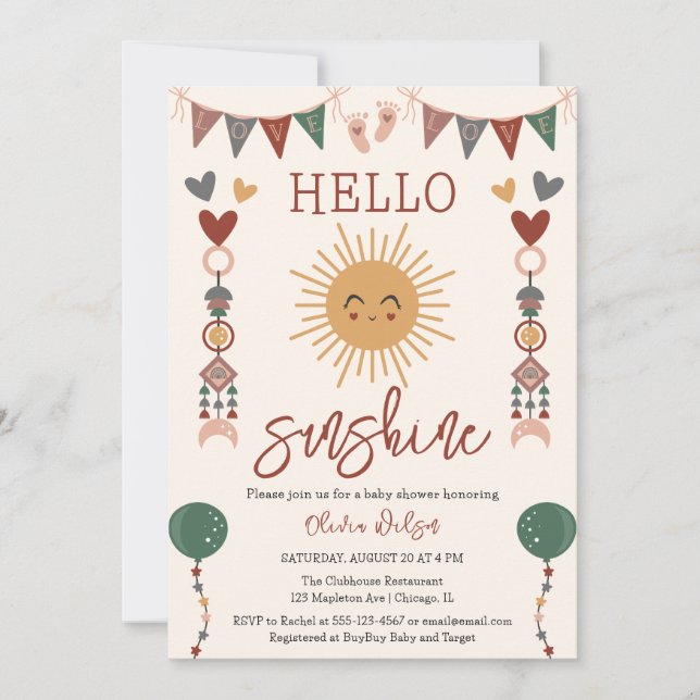 Boho Hej Sunshine Baby Shower med gender Neutralt Inbjudningar (Framsida)