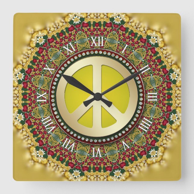 Boho Helgdag Dreams PEACE Satin Snöre Mandala Fyrkantig Klocka (Framsida)