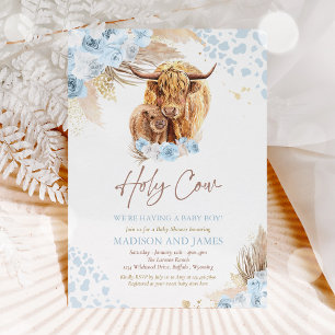 Boho Heliga Cow Blue Pampas Grass Boy Shower Inbjudningar