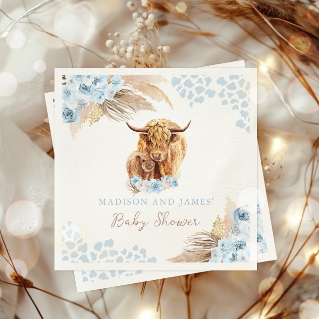 Boho Heliga Cow Blue Pampas Grass Boy Shower Pappersservett (Skapare uppladdad)