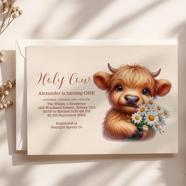 Boho Heliga Cow Highland Cow 1:a födelsedagen Inbjudningar (Skapare uppladdad)