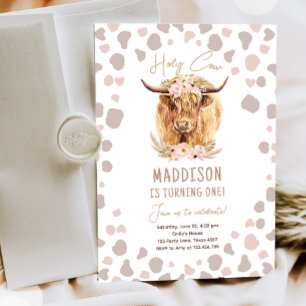 Boho Heliga Cow Highland Pampas 1st First Birthday Inbjudningar