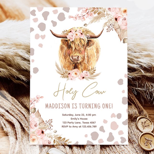 Boho Heliga Cow Highland Pampas 1st First Birthday Inbjudningar (Skapare uppladdad)