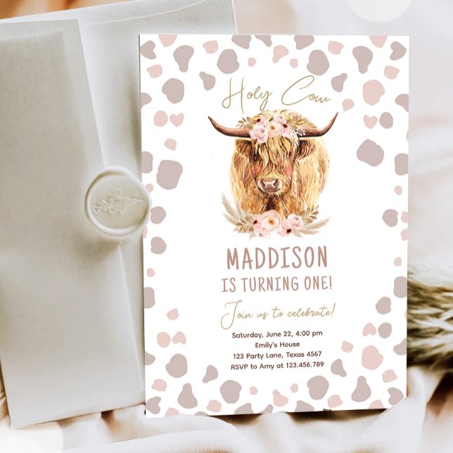 Boho Heliga Cow Highland Pampas 1st First Birthday Inbjudningar (Skapare uppladdad)