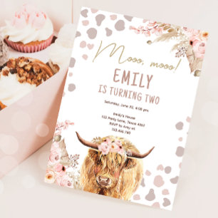 Boho Heliga Cow Highland Pampas Farm Girl Birthday Inbjudningar