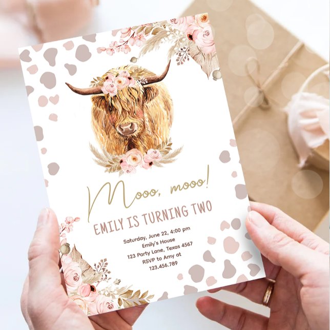 Boho Heliga Cow Highland Pampas Farm Girl Birthday Inbjudningar (Skapare uppladdad)