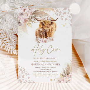 Boho Heliga Cow Rosa Pampas Grass Baby Shower Inbjudningar