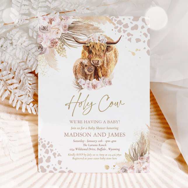 Boho Heliga Cow Rosa Pampas Grass Baby Shower Inbjudningar (Skapare uppladdad)