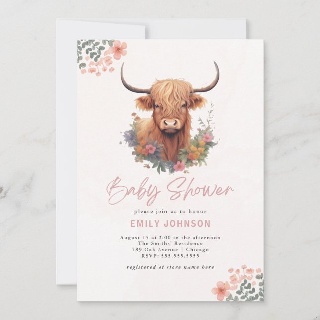 Boho Highland Cow Baby Shower Inbjudningar (Framsida)