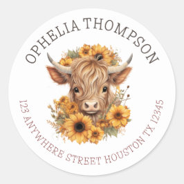 Boho Highland Cow Baby Shower Returadress Runt Klistermärke
