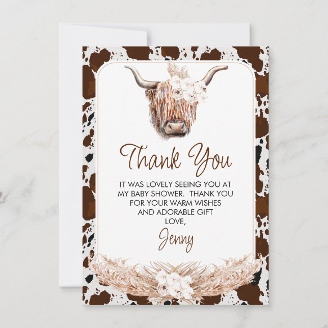 Boho Highland Cow Baby Shower - tackkort Inbjudningar (Framsida)